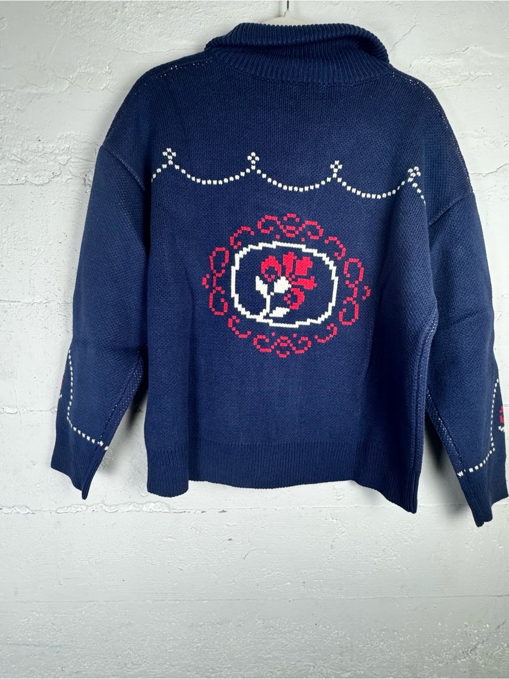 Navy Floral Knit Cardigan Jacket Western Coastal Cowgirl thick Sweater NWT - Picture 9 of 9